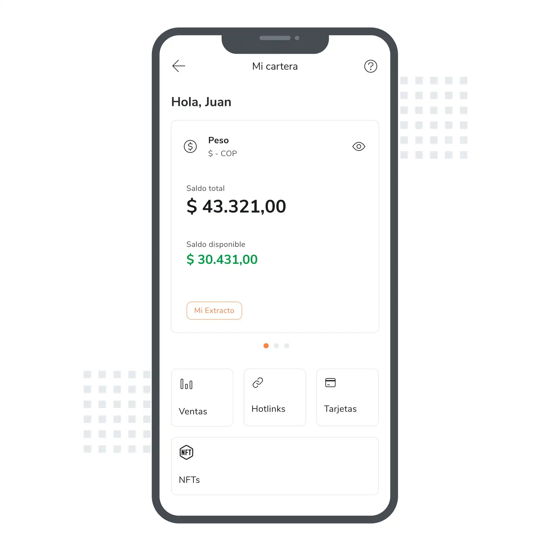 Pantalla de un smartphone mostrando la sección Mi Cartera en la app de Hotmart con un valor disponible de saldo.