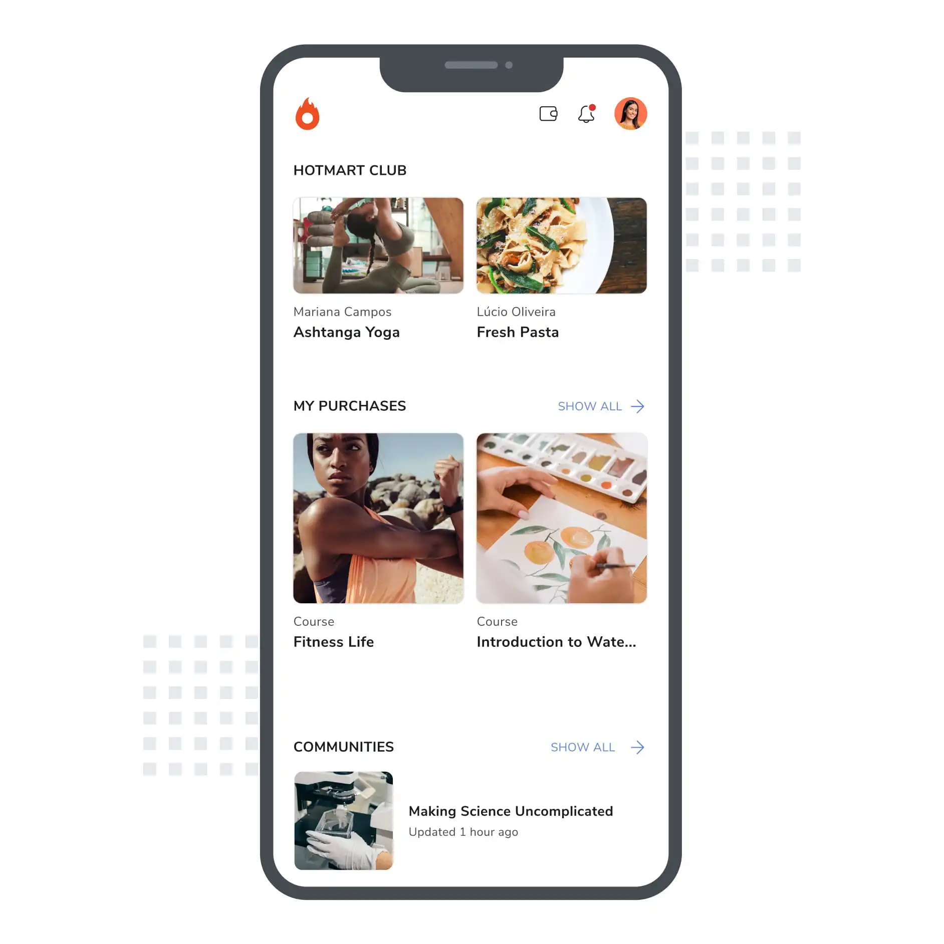 A smartphone screen showing purchased products within the Hotmart app.