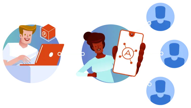 Illustration of a creator with a notebook and an affiliate promoting their product on a cell phone.