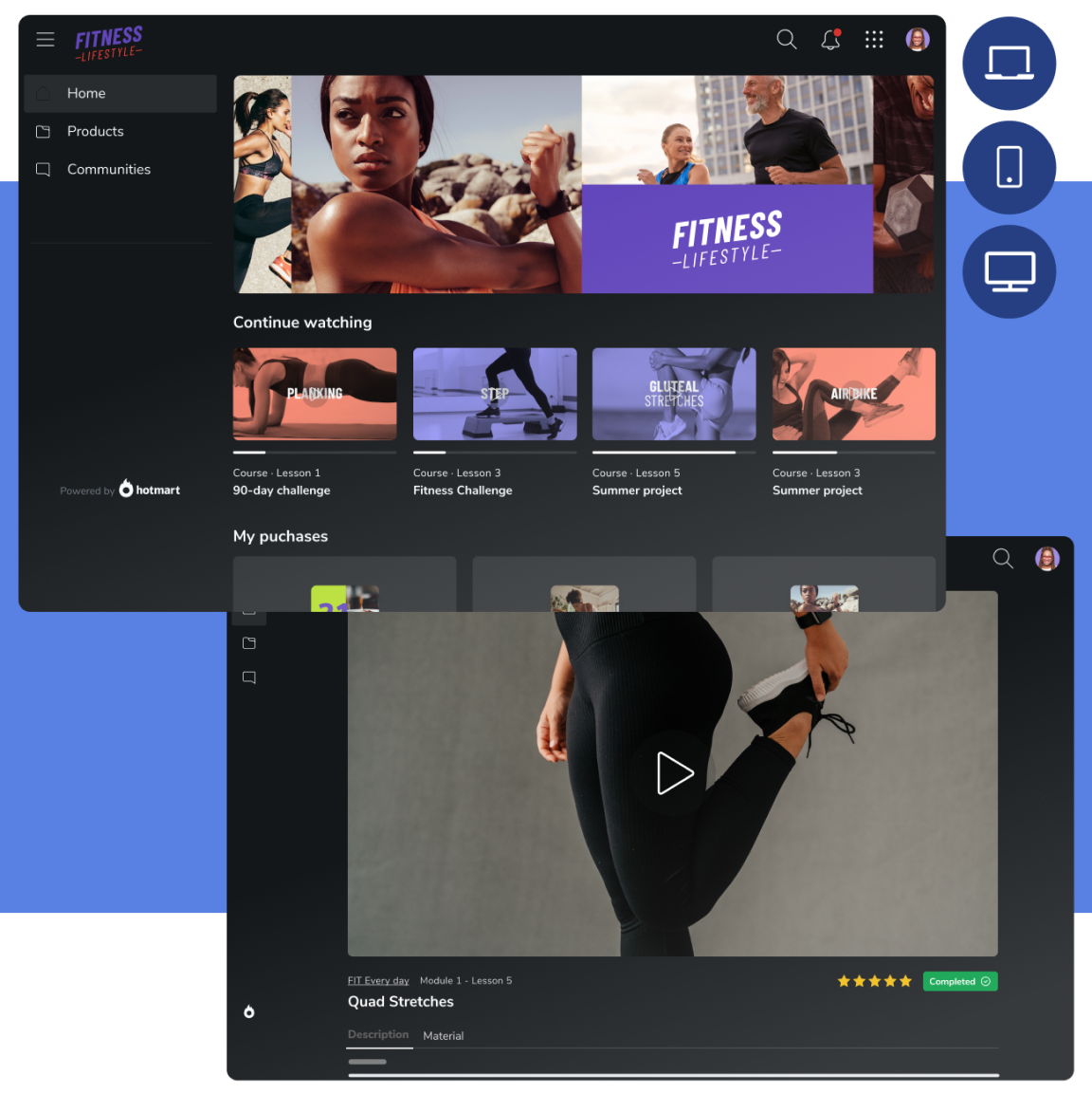 Two Hotmart Club screenshots overlapped, displaying a banner, product modules, and a paused lesson.