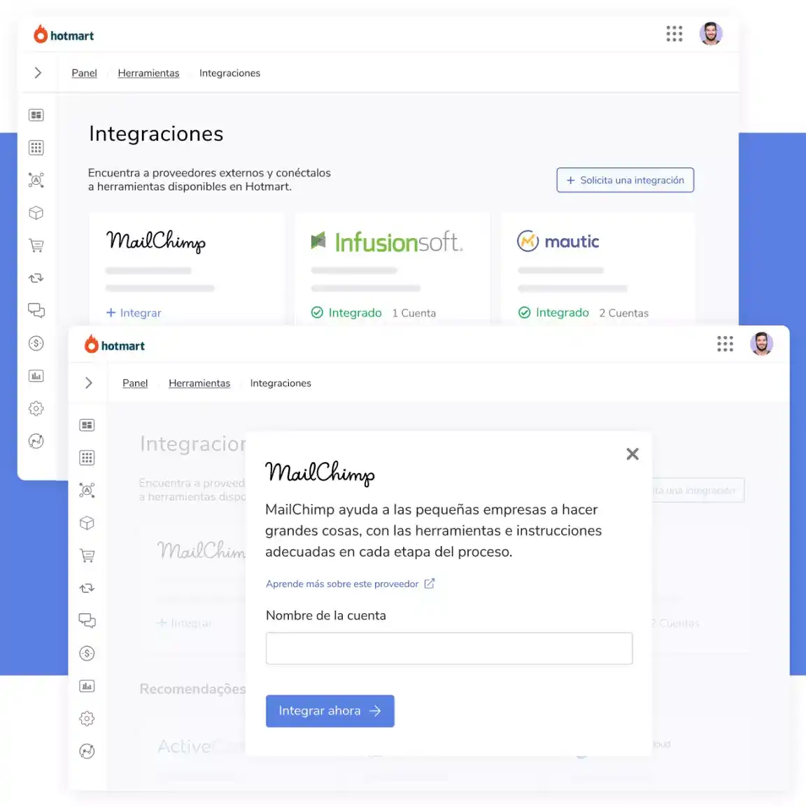 Imagen de la pantalla que muestra la solución "Integraciones" de Hotmart.