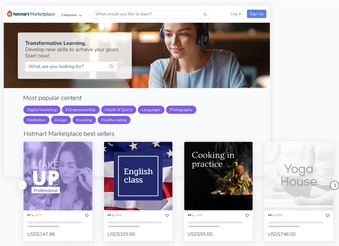 Image of the Hotmart Marketplace home screen, the platform's digital products marketplace.
