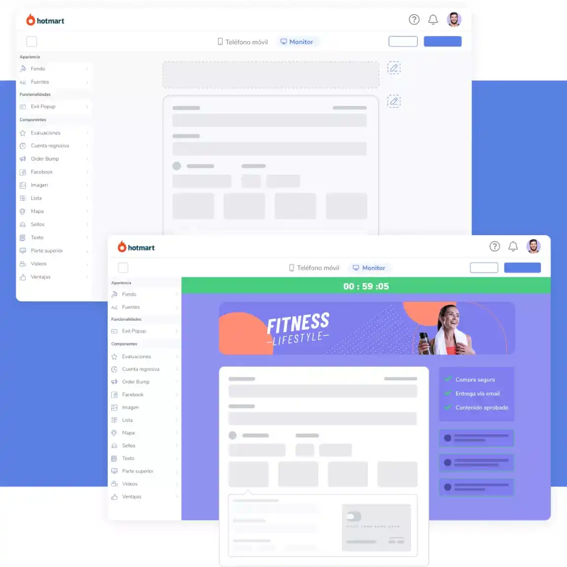 Imagen de la pantalla de las Páginas de Pago de alta conversión de la plataforma Hotmart.