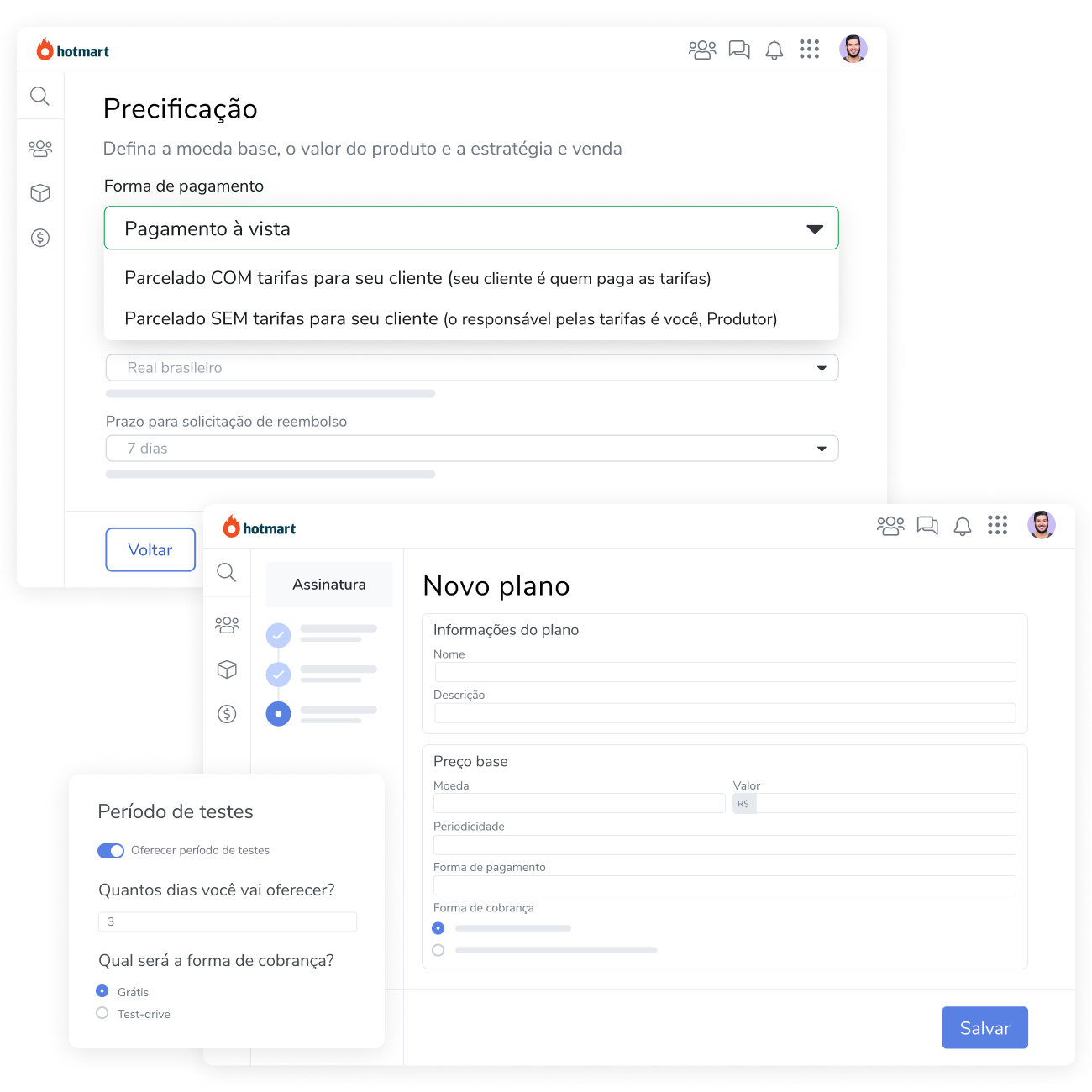Imagem de duas telas da plataforma Hotmart, uma de Precificação e outra de seleção de Novo Plano de Assinaturas.