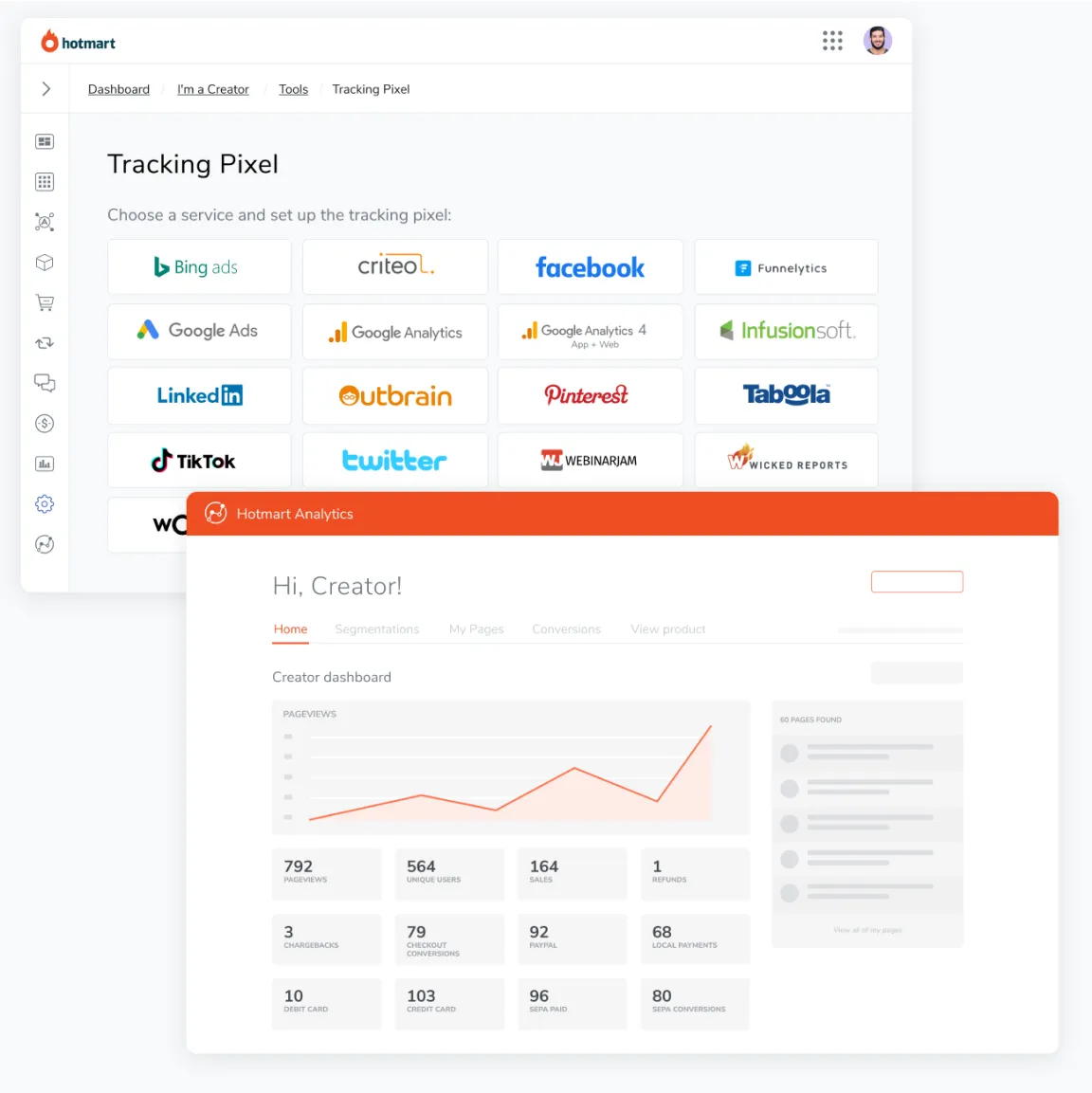 Image of the Hotmart Platform Tracking Report and Pixel screens.