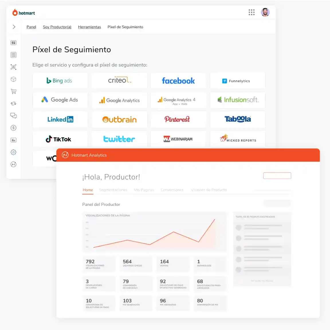 Imagen de las pantallas de Informes y Píxel de Seguimiento de la plataforma Hotmart.