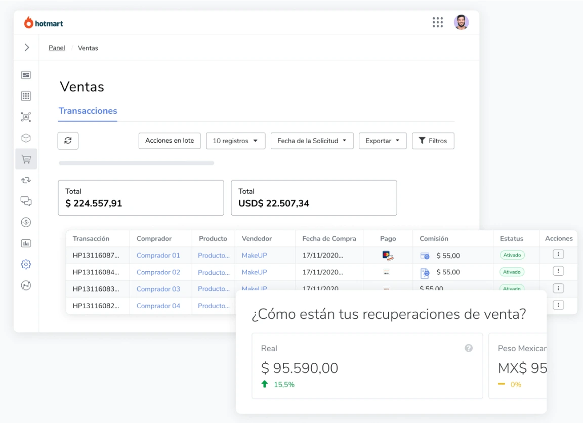 Imagen de la pantalla de Ventas de la plataforma Hotmart.