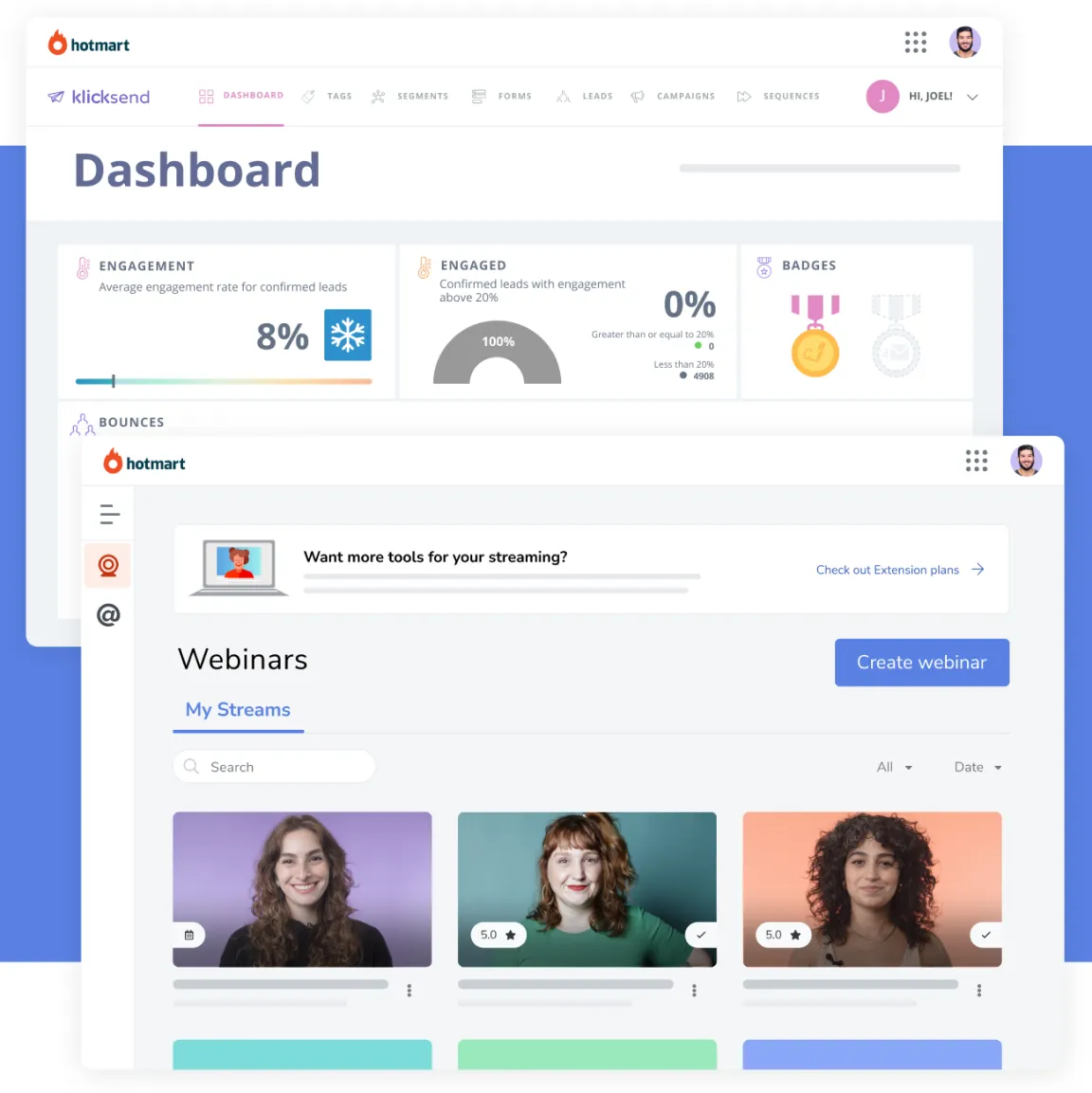 Screenshot of the Hotmart platform's Email marketing and Webinar solutions.