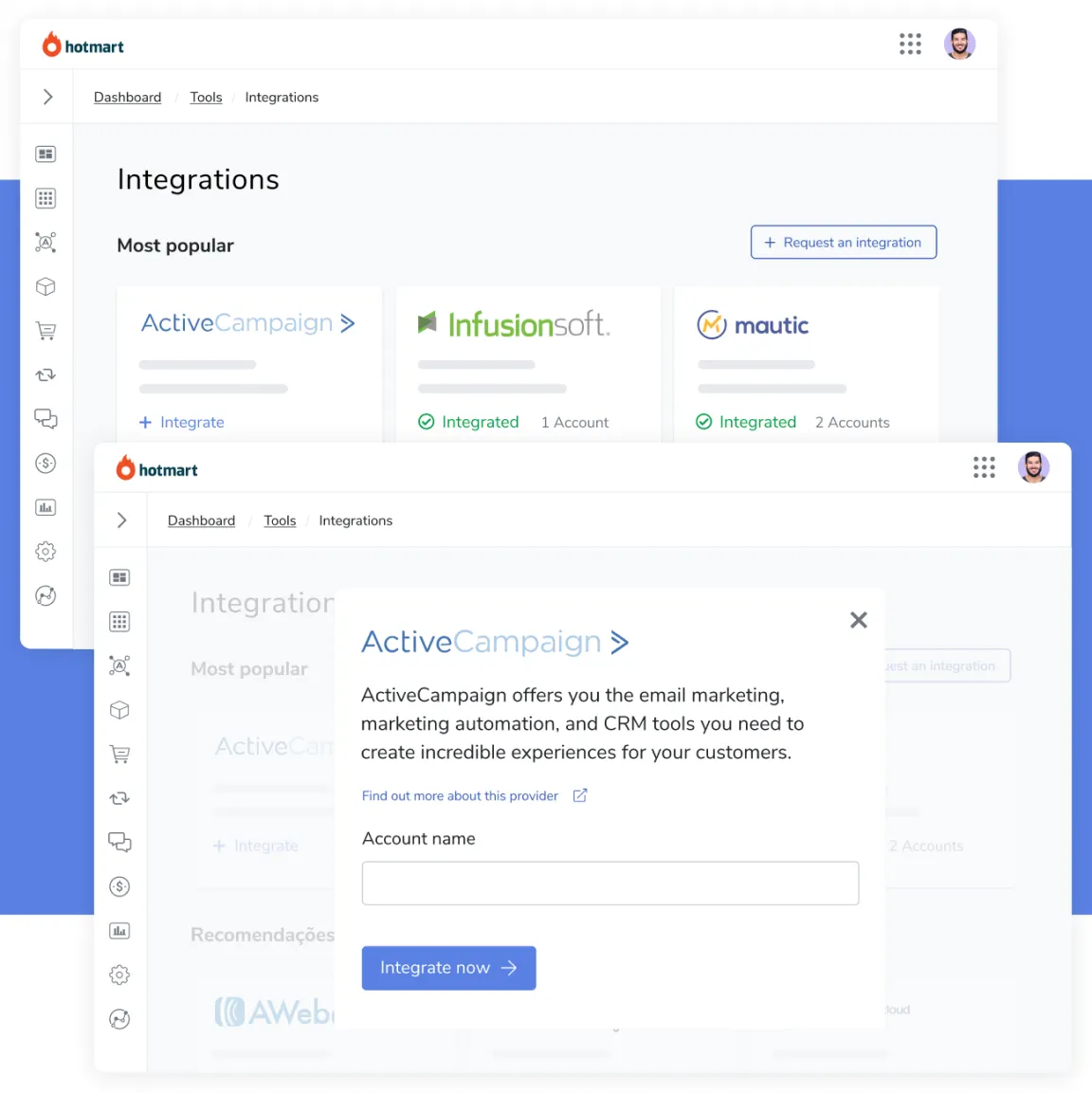 Screenshot that shows the Hotmart platform integration tools.