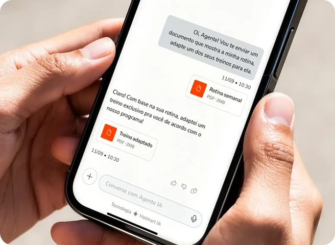 Cliente participa de videochamada com profissional de atendimento ao cliente Hotmart, representando suporte de verdade, com contato humano e assistência para tirar dúvidas e resolver problemas.